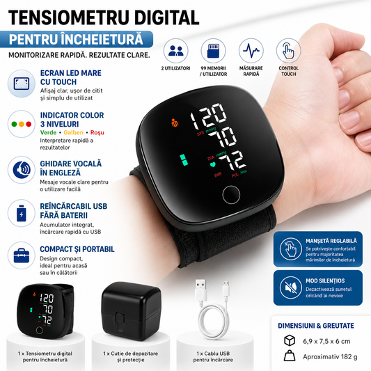 Tensiometru Digital de Încheietură cu Ecran LED Touch, Indicator Color, Manșetă Reglabilă, Încărcare USB și Husă de Transport ZanaCasei.Ro