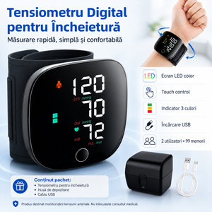 Tensiometru Digital de Încheietură cu Ecran LED Touch, Indicator Color, Manșetă Reglabilă, Încărcare USB și Husă de Transport