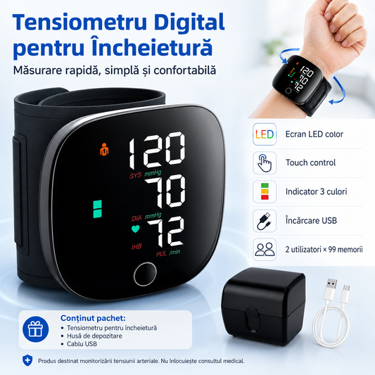 Tensiometru Digital de Încheietură cu Ecran LED Touch, Indicator Color, Manșetă Reglabilă, Încărcare USB și Husă de Transport ZanaCasei.Ro