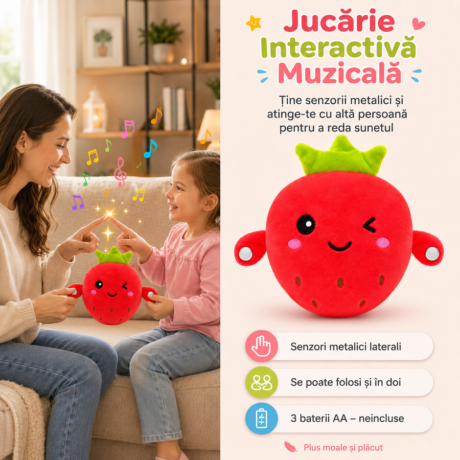Jucărie Interactivă Muzicală pentru Copii, Model Căpșună, Pluș Moale, Activare prin Apăsare, Melodii Integrate, 22 × 20 × 9,5 cm