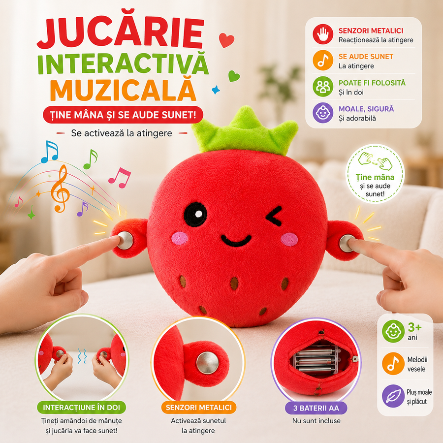 Jucărie Interactivă Muzicală pentru Copii, Model Căpșună, Pluș Moale, Activare prin Apăsare, Melodii Integrate, 22 × 20 × 9,5 cm