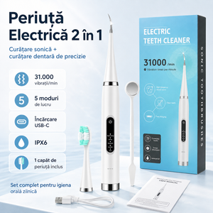 Periuță de Dinți Electrică 2 în 1 cu Curățare Sonică, 31.000 Vibrații/min, 5 Moduri, Capăt Metalic pentru Curățare Dentară, IPX6, Încărcare USB-C, 1 Capăt de Periuță