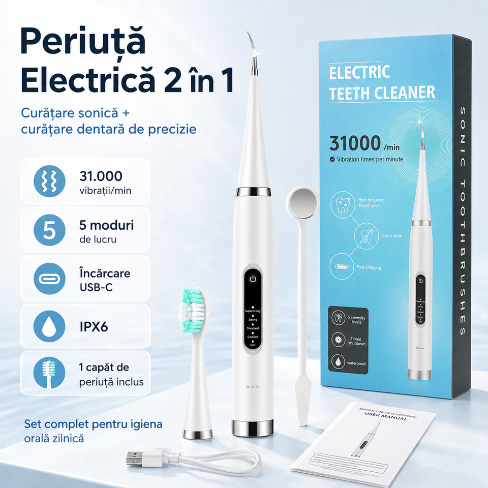 Periuță de Dinți Electrică 2 în 1 cu Curățare Sonică, 31.000 Vibrații/min, 5 Moduri, Capăt Metalic pentru Curățare Dentară, IPX6, Încărcare USB-C, 1 Capăt de Periuță