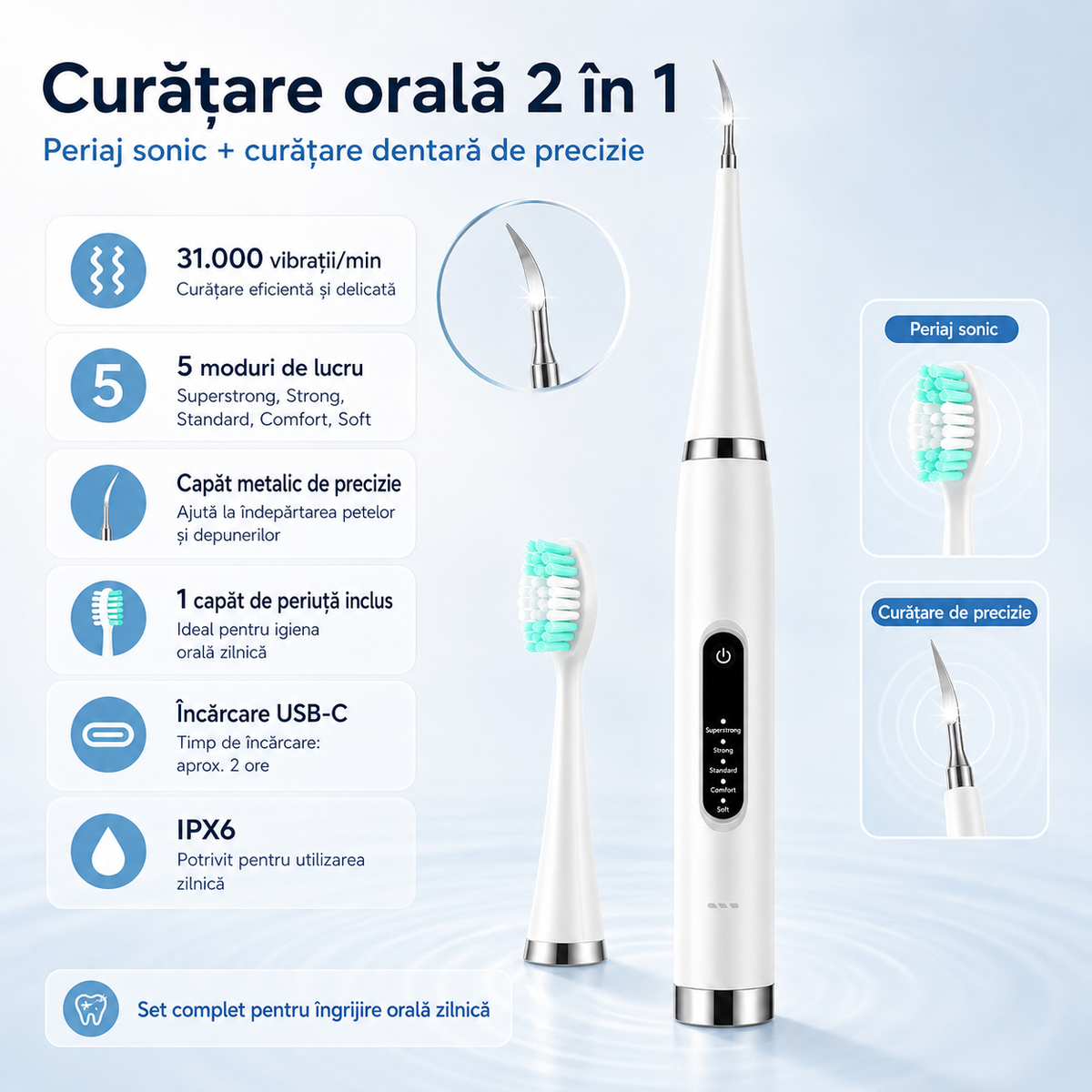 Curățare orală 2 în 1 — periaj sonic și capăt metalic de precizie