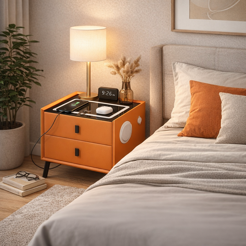 Noptieră Smart cu 2 Sertare – Încărcare Wireless, LED Ambient
