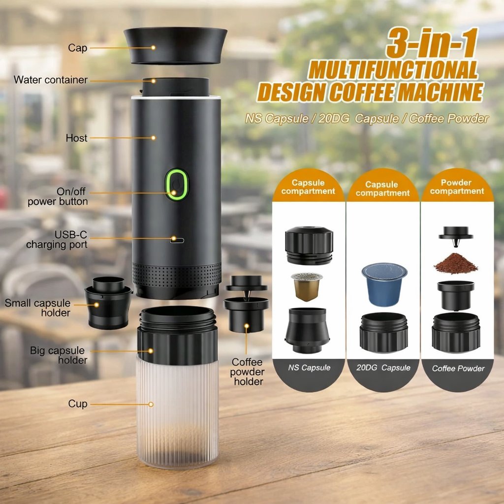 Espressor Portabil 3 în 1 – Nespresso, Dolce Gusto & Cafea Măcinată, 20 BAR, USB-C MDShop.Ro