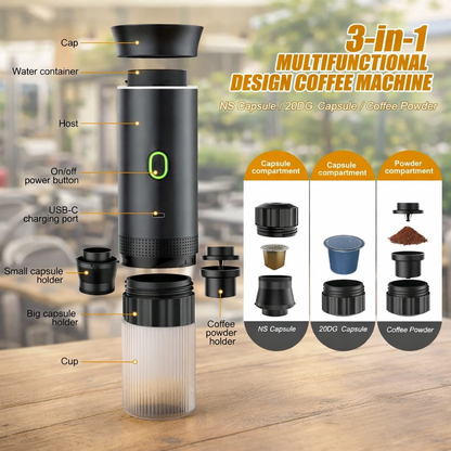 Espressor Portabil 3 în 1 – Nespresso, Dolce Gusto & Cafea Măcinată, 20 BAR, USB-C MDShop.Ro