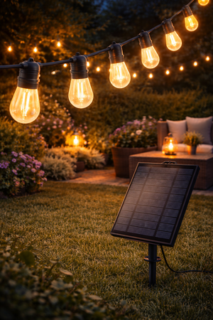 Ghirlandă Decorativă cu Panou Solar 10m – 10 Becuri LED Filament Edison, Solar+USB, IP65, 3000K
