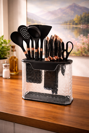 Set Premium Bucătărie 16 Piese Silicon & Cuțite Inox cu Suport