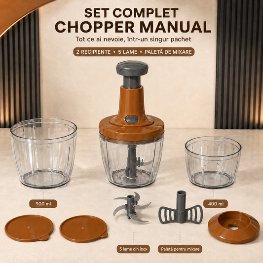Chopper Manual Premium cu 5 Lame din Inox, 2 Recipiente de 900 ml și 400 ml, Paletă pentru Creme și Sosuri ZanaCasei.Ro