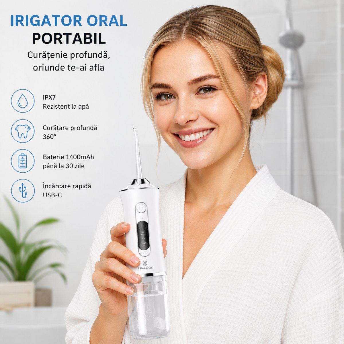 Irigator Oral Portabil cu 4 Duze, 3 Moduri de Curățare, Rezervor 300 ml, IPX7 și Încărcare USB-C ZanaCasei.Ro
