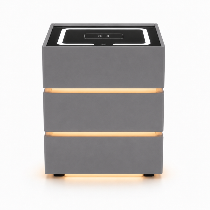 Noptieră Dormitor cu Lumină LED Caldă și Încărcător Wireless Telefon — Design Modern — finisaj Gri