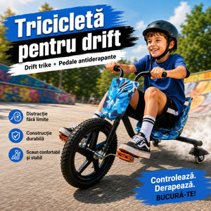 Tricicletă Drift Copii 6+ ani, Capacitate 100 kg, Pedale Antiderapante, Scaun Stabil, Roată Față 40 cm