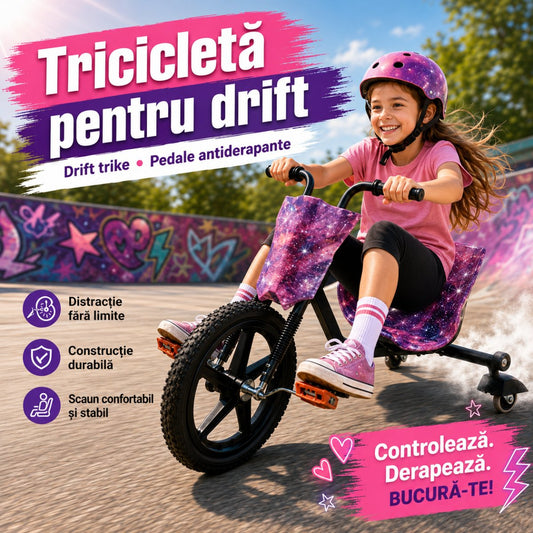 Tricicletă pentru Drift Copii, Drift Trike cu Pedale Antiderapante, Scaun Stabil, Roată Față 40 cm, Capacitate 100 kg ZanaCasei.Ro