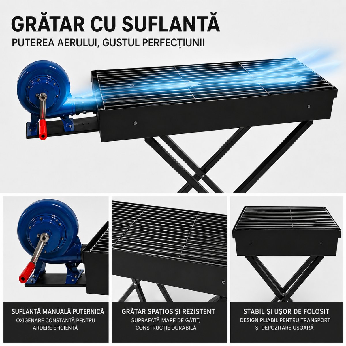 Grătar BBQ portabil cu suflantă de aer, 80 x 25 x 75 cm, grătar compact pe cărbuni pentru exterior ZanaCasei.Ro