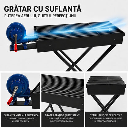 Grătar BBQ portabil cu suflantă de aer, 80 x 25 x 75 cm, grătar compact pe cărbuni pentru exterior ZanaCasei.Ro