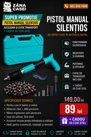 Pistol Manual Silentios de Bătut Cuie în Beton și Metal, Accesorii și Cutie Transport + CADOU 50 Cuie Otel