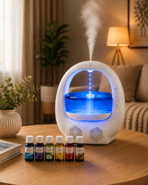 Umidificator 4-în-1 cu Picătură Anti-Gravitație, LED Ambiental & Boxă Bluetooth + CADOU 6 Esențe Parfumate