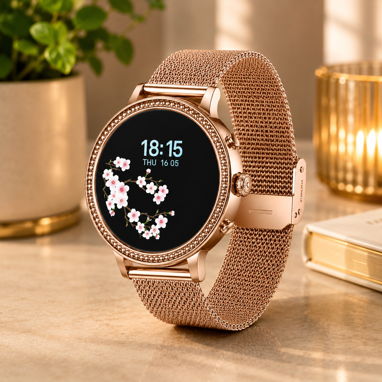 Smartwatch Femei Sunshine Gold 2 Curele Metal+Silicon - 1.39 Inch, Touch, Rotund ZanaCasei.Ro