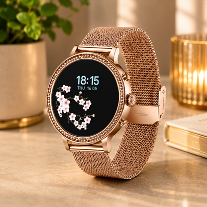 Smartwatch Femei Sunshine Gold 2 Curele Metal+Silicon - 1.39 Inch, Touch, Rotund ZanaCasei.Ro