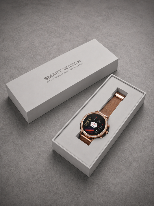 Smartwatch Femei Sunshine Gold 2 Curele Metal+Silicon - 1.39 Inch, Touch, Rotund ZanaCasei.Ro