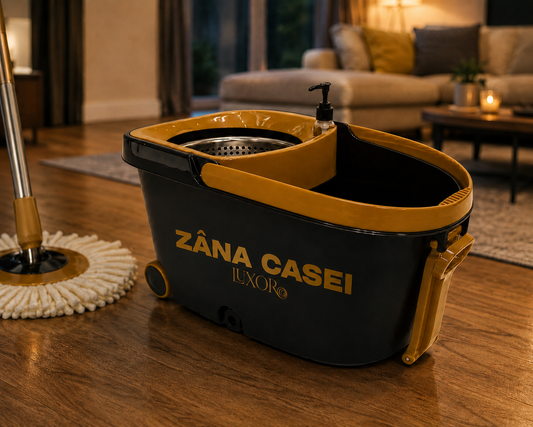 Mop Luxor Zâna Casei® – Set Premium 4 Rezerve, Cuvă Inox, Rotire 360°, Coadă 146cm + Perie ZanaCasei.Ro
