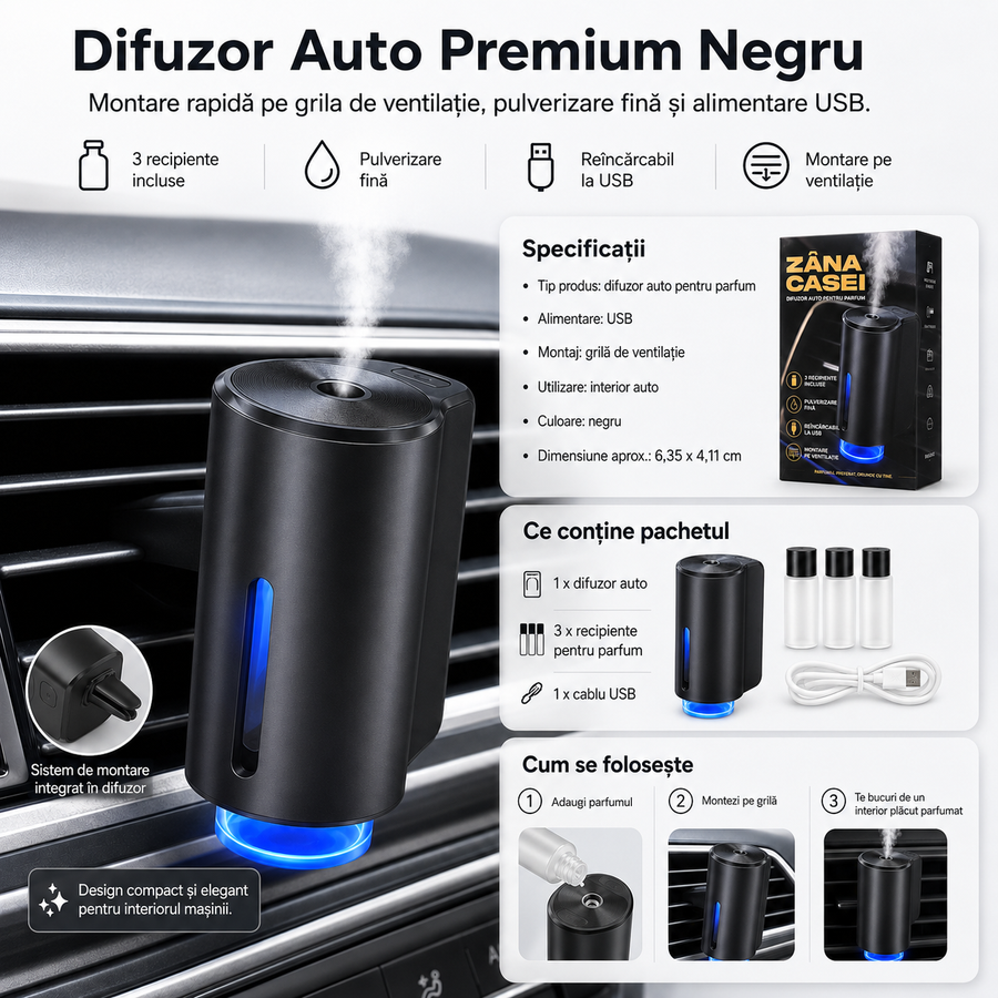 Pachet Difuzor Auto Premium Negru + 3 Parfumuri Cadou