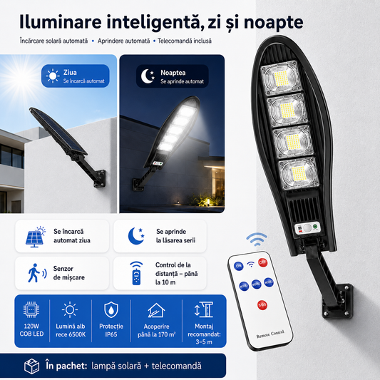 Lampa Solara cu 4 Module si 3 Moduri Iluminare, Telecomandă, Senzor de mișcare, 120W ZanaCasei.Ro