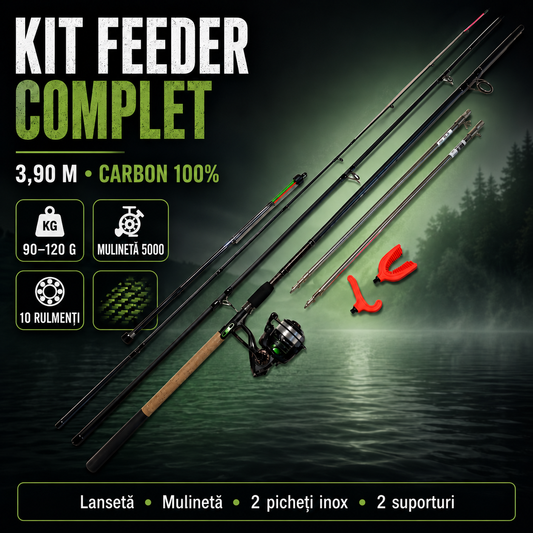 Kit Feeder Complet 3,90 m – Lansetă Carbon 100%, Mulinetă 5000, 3 Vârfuri, 2 Picheți Inox și 2 Suporturi