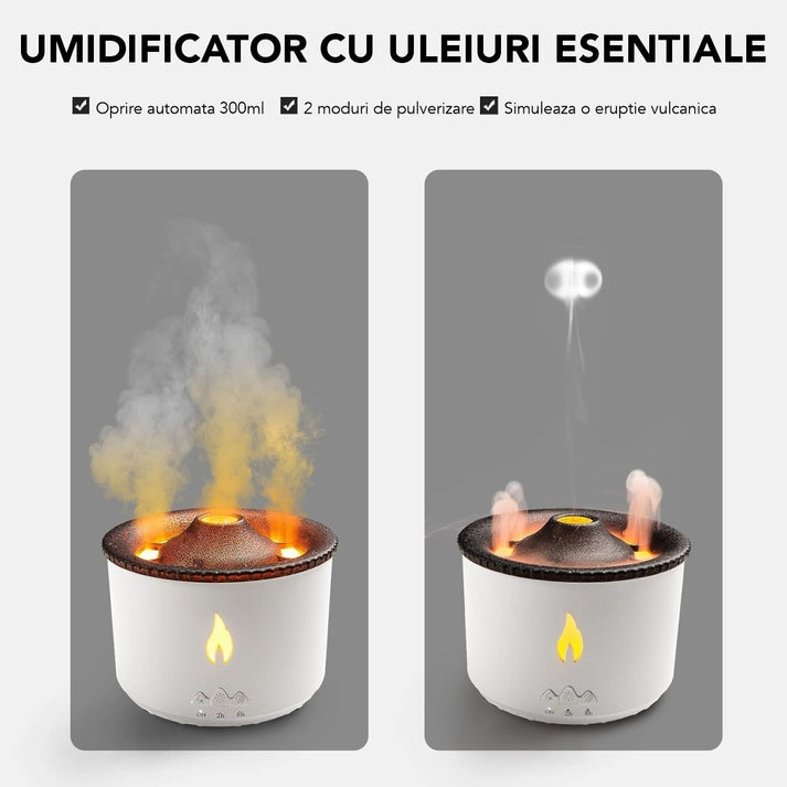 Umidificator cu Aromaterapie – Efect Vulcan & Flacără, LED Inteligent, Rezervor 300 ml ZanaCasei.Ro