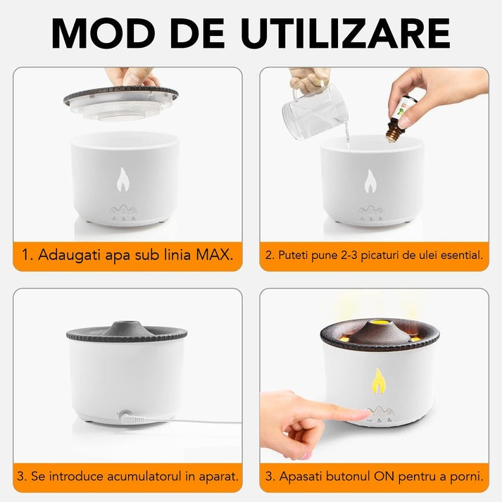 Umidificator cu Aromaterapie – Efect Vulcan & Flacără, LED Inteligent, Rezervor 300 ml ZanaCasei.Ro