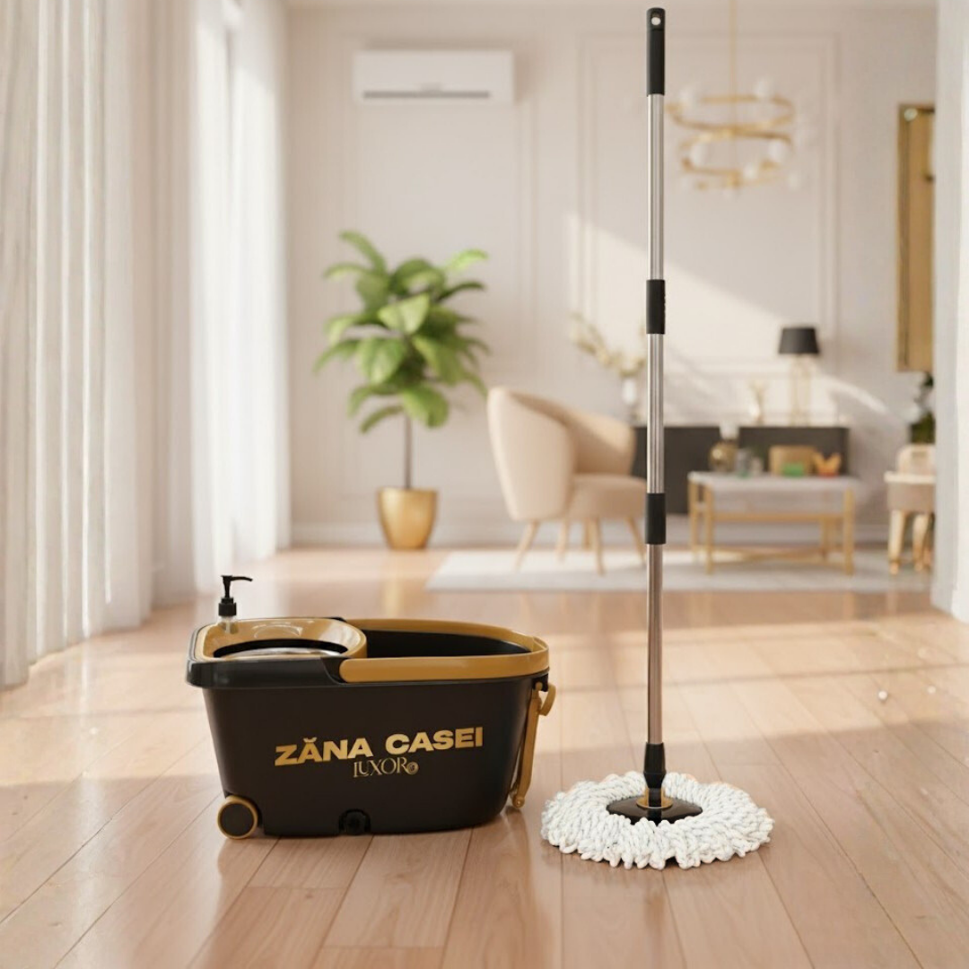 Mop Zâna Casei® Luxor – Set Premium cu 4 Rezerve pentru Diferite Suprafețe, Perie și Cuva din Inox, Coadă Telescopică 130 cm ZanaCasei.Ro