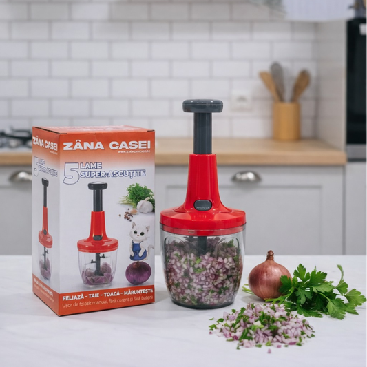 Chopper Manual Multifuncțional 5 Lame Inox, 2 Recipiente 900ml + 400ml, Accesoriu pentru Amestecare Rapidă, Fără Curent, Roșu ZanaCasei.Ro