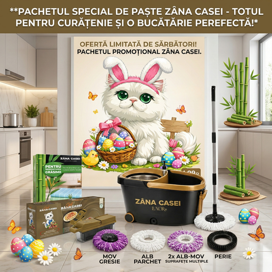 Pachet Promoțional de Paști Zâna Casei® – Mop Luxor + Cârpe Bambus + Răzătoare 15 în 1, Set Complet pentru Casă și Bucătărie ZanaCasei.Ro