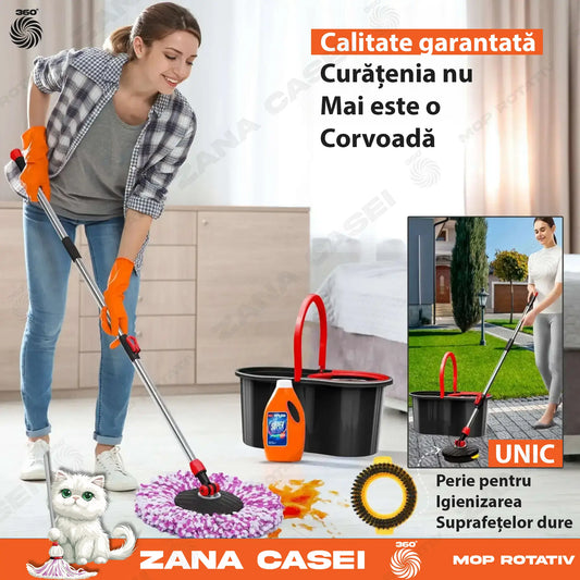Mop Zâna Casei cu 4 Rezerve + Perie, Cuva de inox, Coada 146 cm Zanacasei