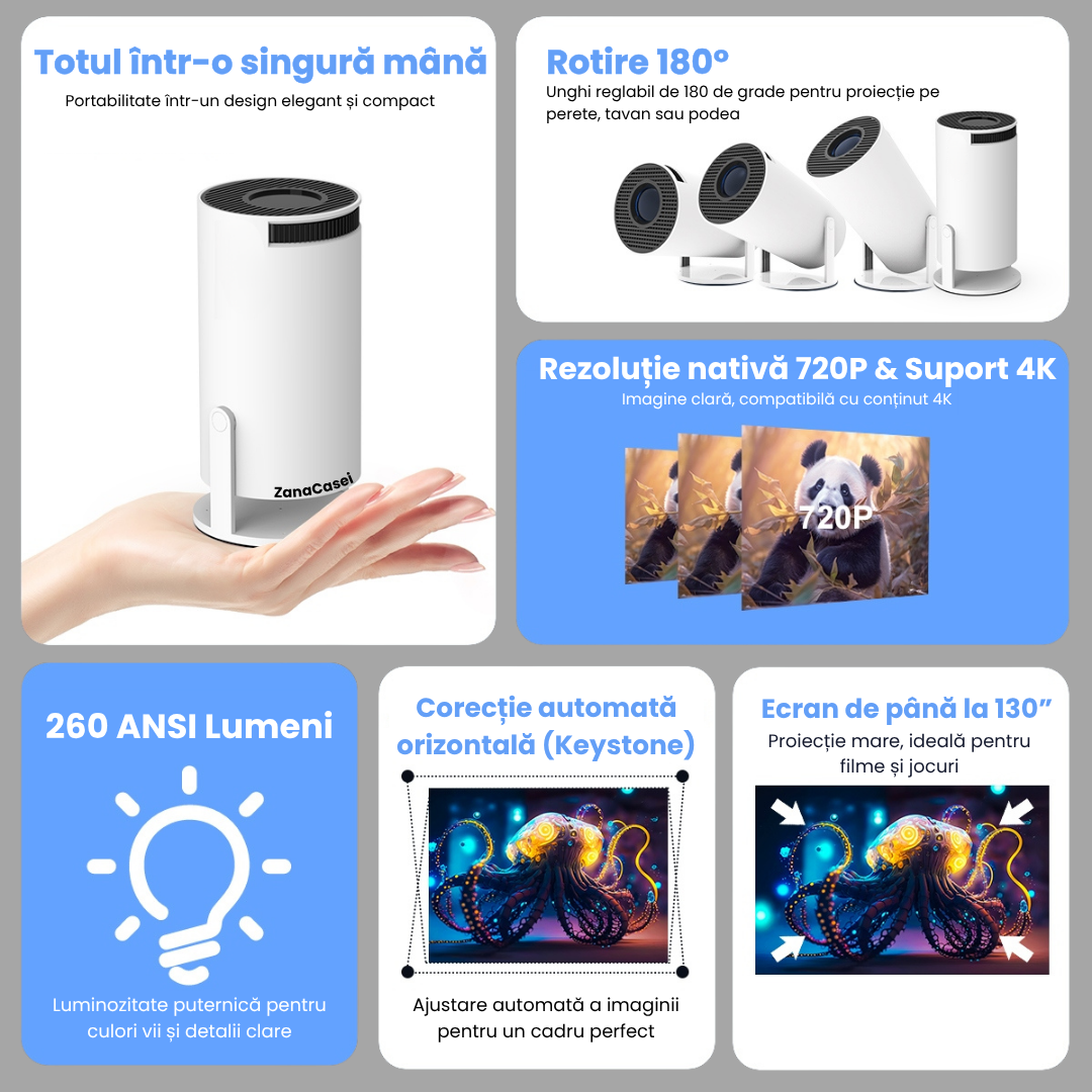 Videoproiector portabil inteligent cu 2 controllere și jocuri incluse, Android 11, suport 4K, Wi-Fi 6, Alb ZanaCasei.Ro