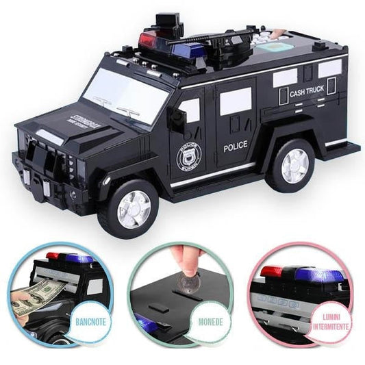 Pușculiță interactivă pentru bani, design camion blindat de poliție pentru copii cu efecte de lumină și sunet MelekMag