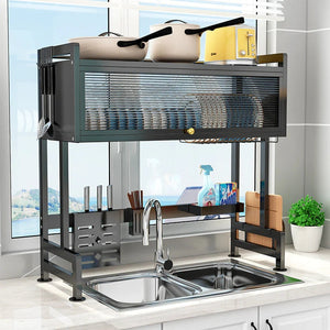 Raft Uscare Vase deasupra Chiuvetei – Suport Metalic Multifunctional cu Scurgator, Tacamuri, Cutite, Tocatoare & Detergent