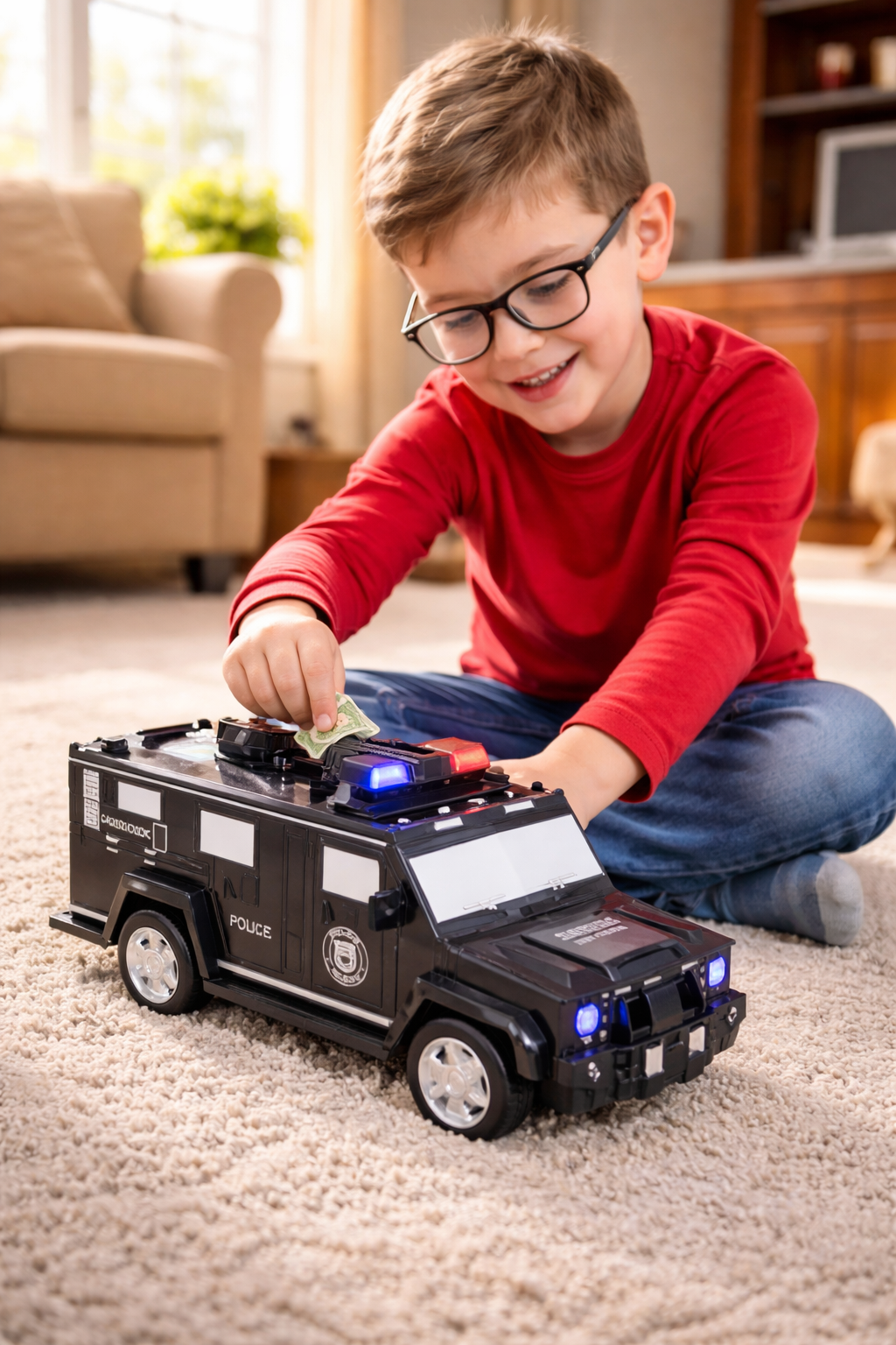 Seif Interactiv Copii Design Camion Poliție – PIN, Lumini & Sunete, Slot Monede & Bancnote, 3+ ani ZanaCasei.Ro