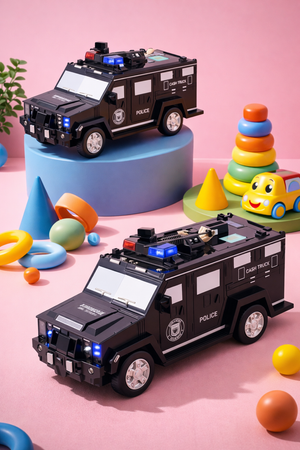 Seif Interactiv Copii Design Camion Poliție – PIN, Lumini & Sunete, Slot Monede & Bancnote, 3+ ani