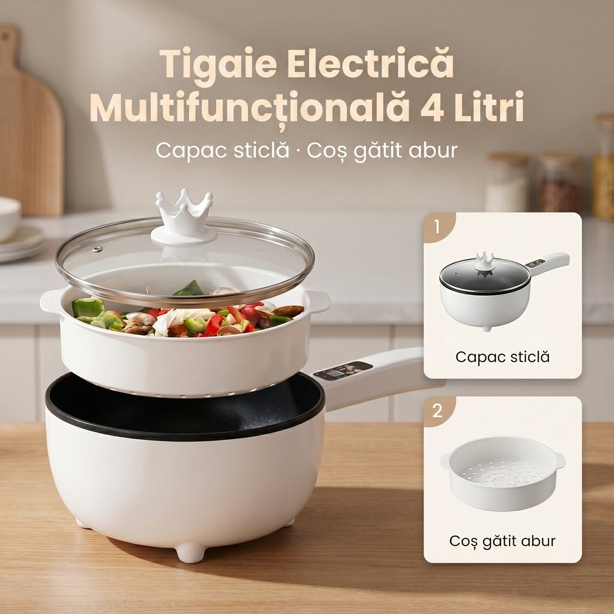 Tigaie electrică inteligentă multifunctională Zâna Casei 1000 W, 3.5 Litri, Culoare Alba ZanaCasei.Ro