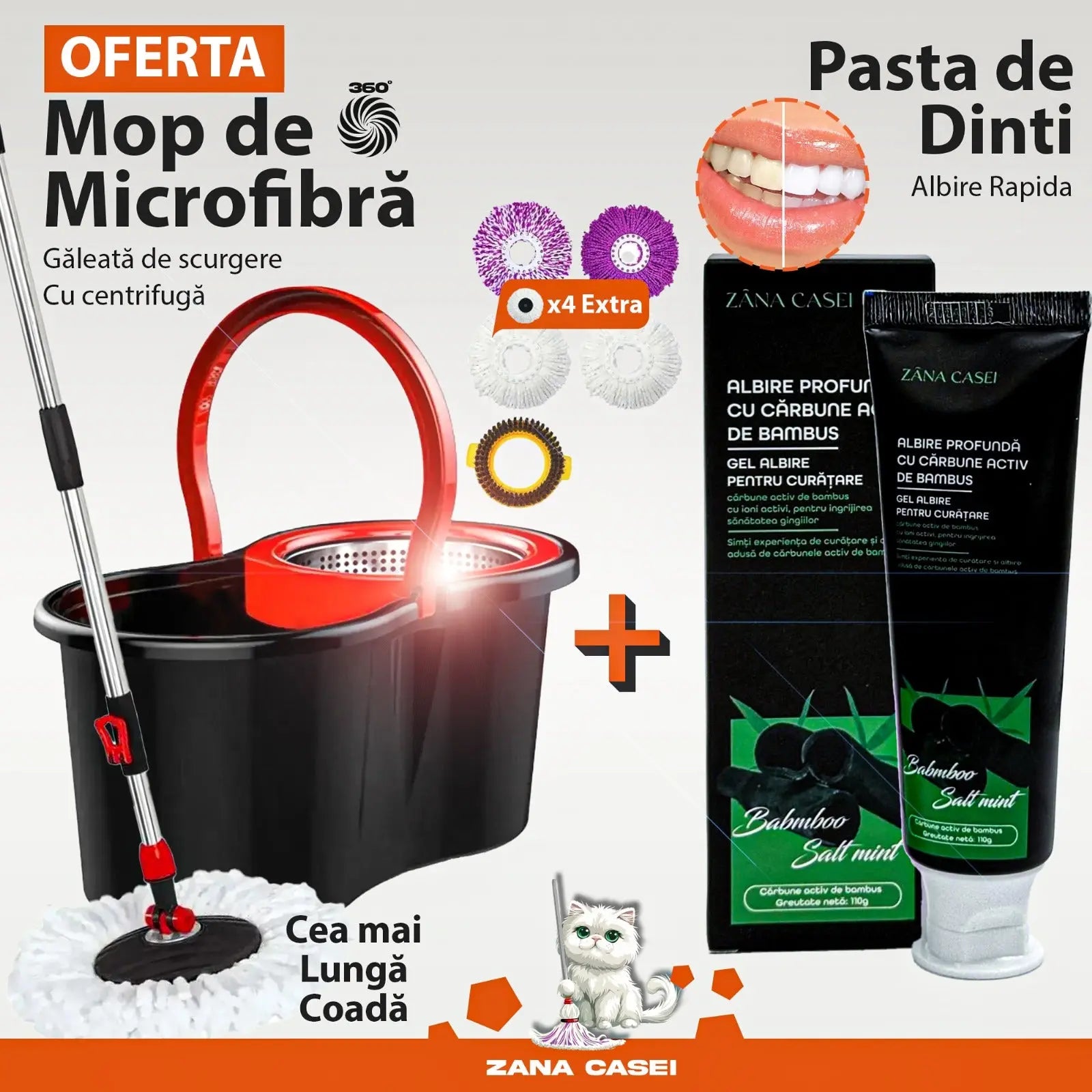 Mop Zâna Casei cu 4 Rezerve + Perie, Cuva de inox, Coada 146 cm Zanacasei