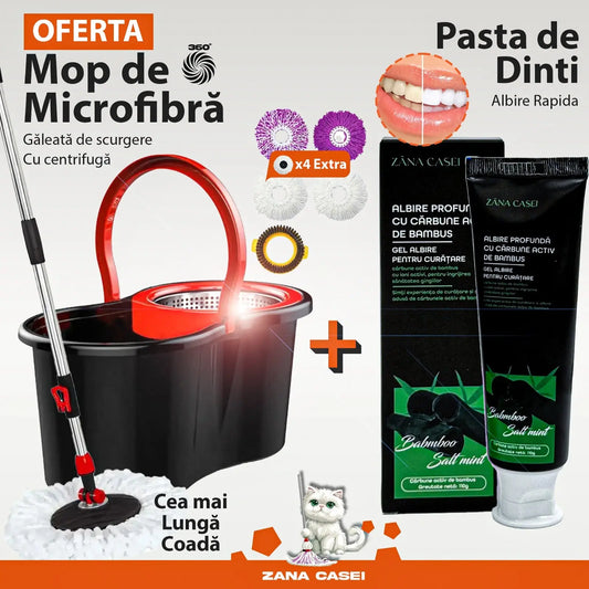 Mop Zâna Casei cu 4 Rezerve + Perie, Cuva de inox, Coada 146 cm Zanacasei