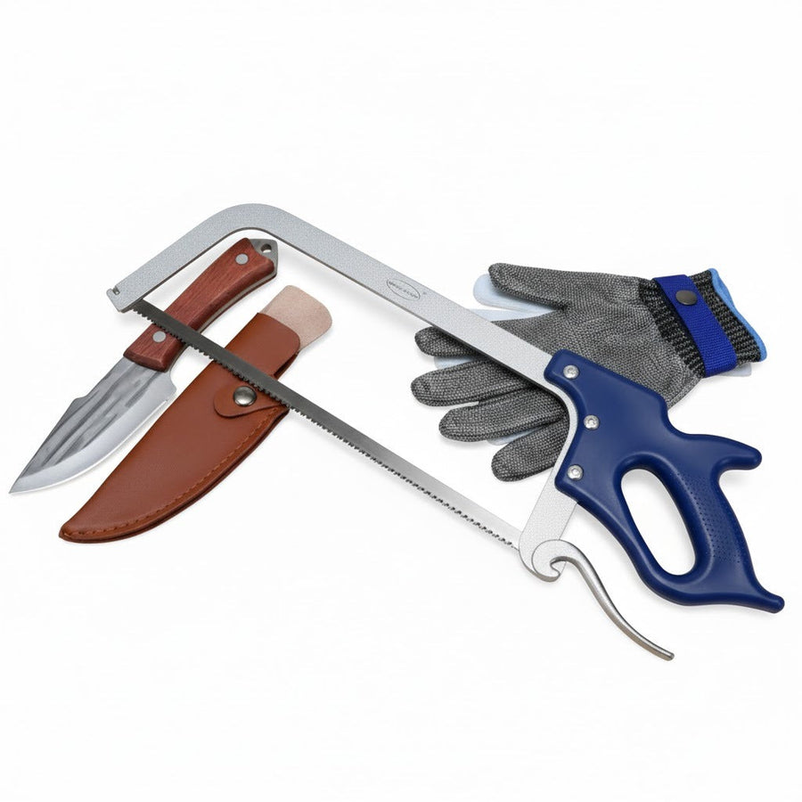Set profesional tranșare: fierăstrău inox 45 cm, mănușă anti-tăiere și cuțit Full Tang cu teacă