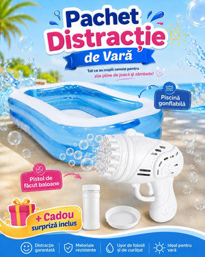 Pachet Distracție de Vară pentru Copii – Piscină Gonflabilă + Pistol cu Baloane de Săpun + Cadou Surpriză