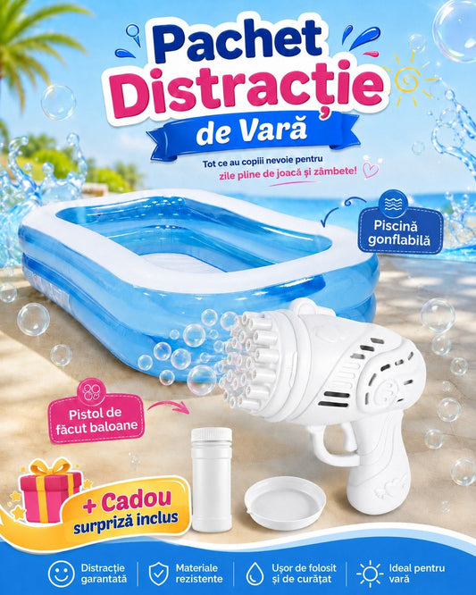 Pachet Distracție de Vară pentru Copii – Piscină Gonflabilă + Pistol cu Baloane de Săpun + Cadou Surpriză ZanaCasei.Ro