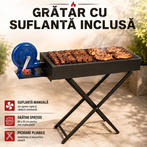 Grătar BBQ portabil cu suflantă de aer, 80 x 25 x 75 cm, grătar compact pe cărbuni pentru exterior
