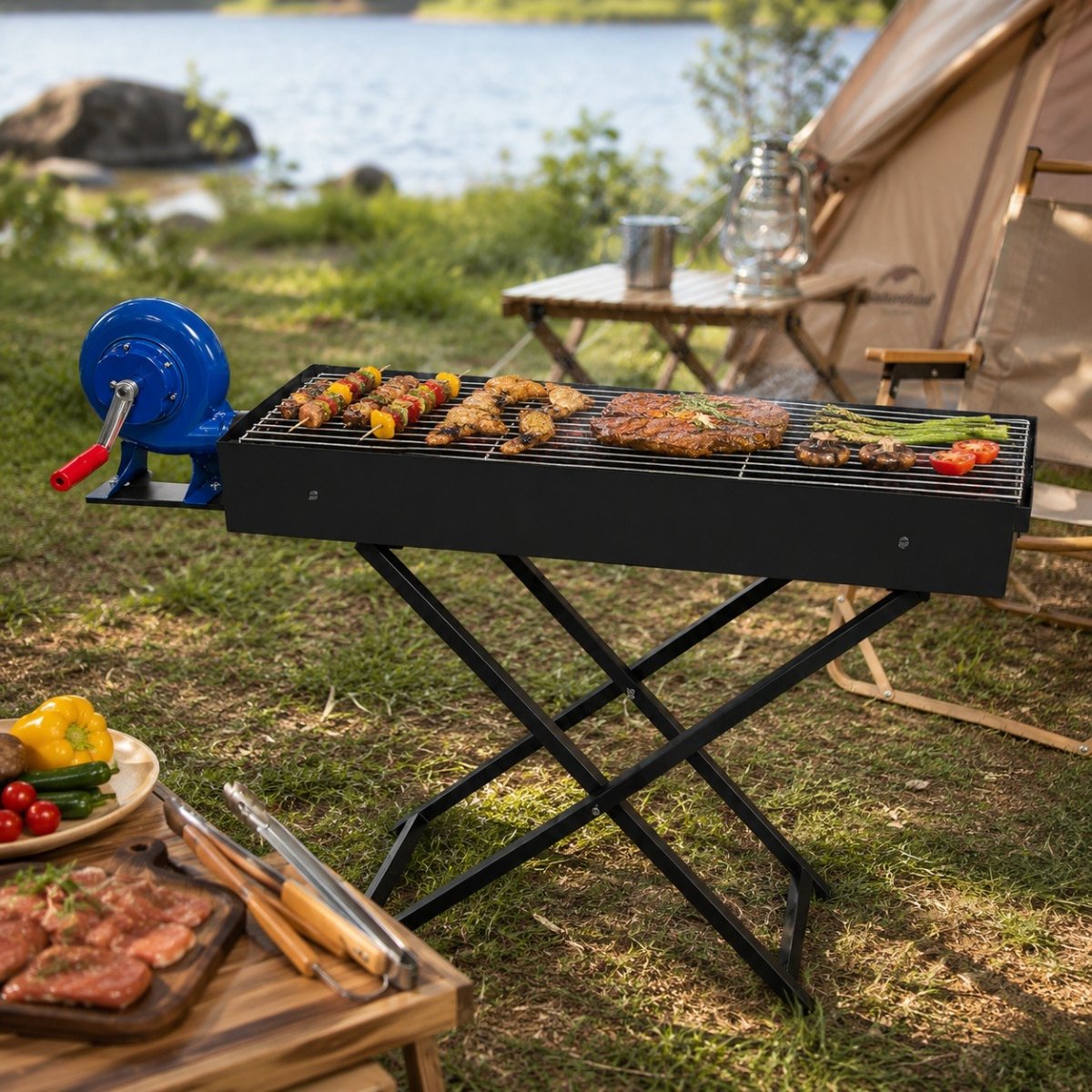 Grătar BBQ portabil cu suflantă de aer, 80 x 25 x 75 cm, grătar compact pe cărbuni pentru exterior ZanaCasei.Ro