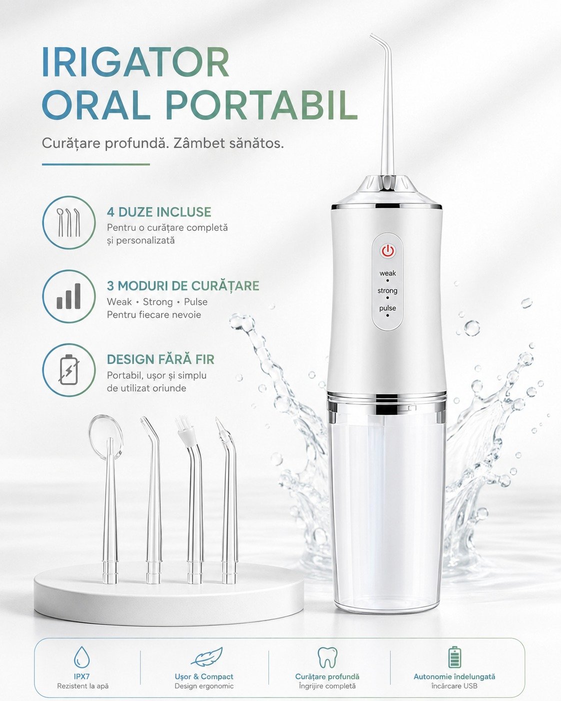 Irigator Oral Portabil cu 4 Duze, 3 Moduri de Curățare, Rezervor 300 ml, IPX7 și Încărcare USB-C ZanaCasei.Ro