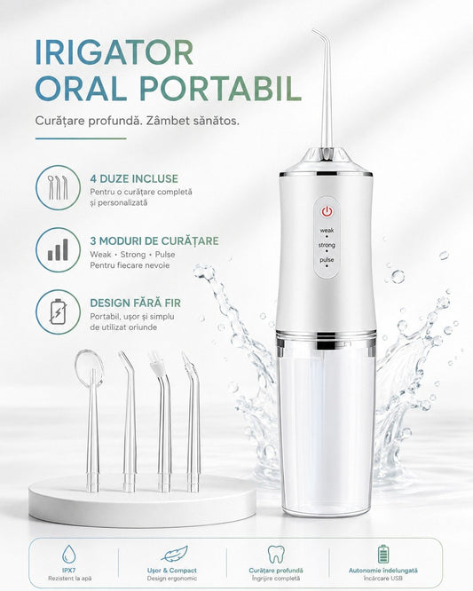 Irigator Oral Portabil cu 4 Duze, 3 Moduri de Curățare, Rezervor 300 ml, IPX7 și Încărcare USB-C ZanaCasei.Ro